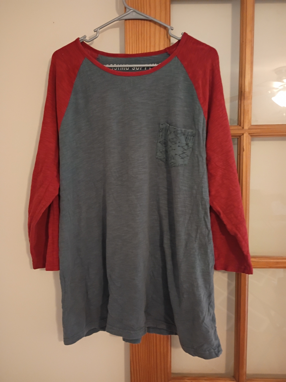 Men's Two-Tone Raglan Long-Sleeve Shirt - Slate Blue Body with Red Sleeves